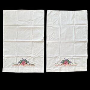 Vintage Hand Embroidered Floral Pillowcases Romantic Rose Design NWOT